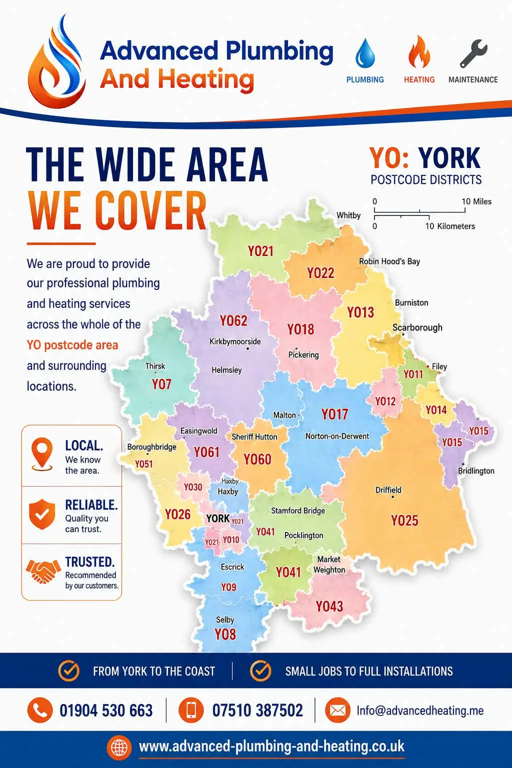 Map of YO postcode districts around York covered by Advanced Plumbing and Heating
